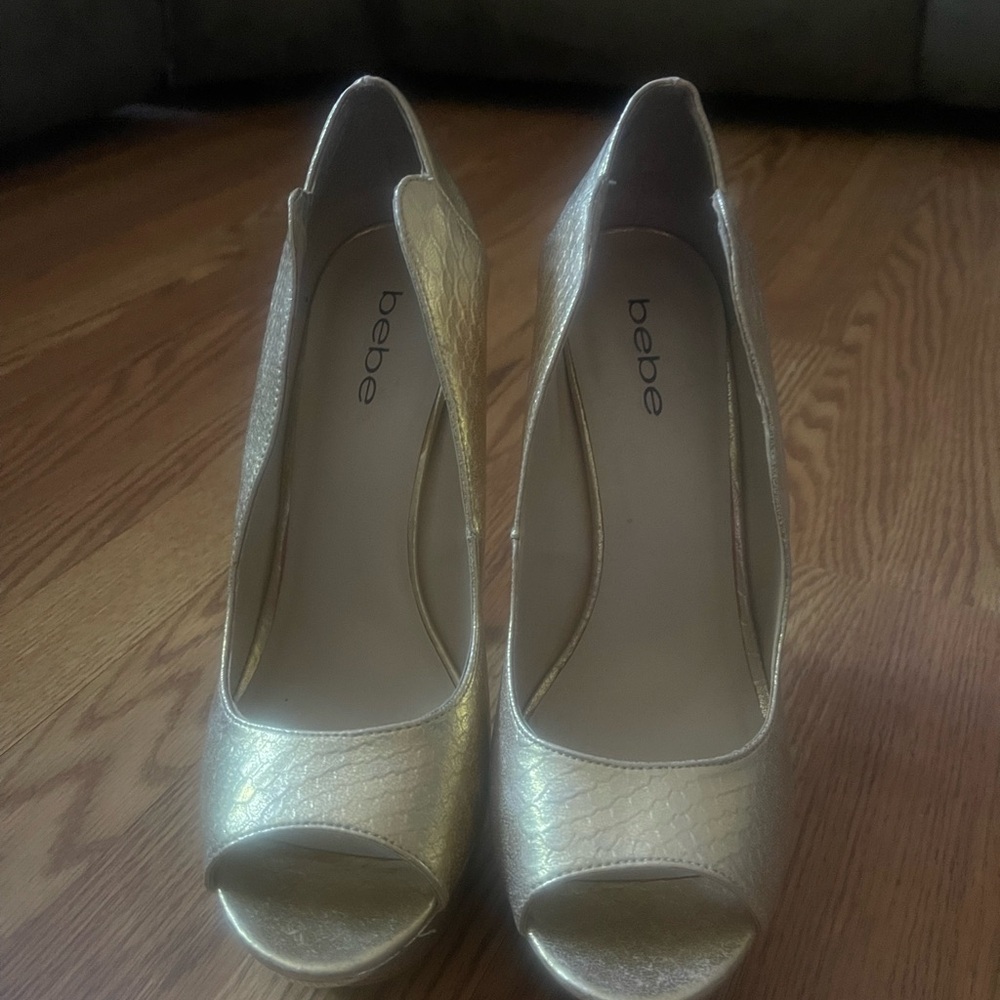 Bebe Gold High Heel Peep-Toe Pumps
